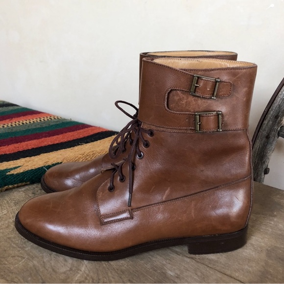 RALPH LAUREN Lt Brown Leather Doughboy Lace-Up Buckle Ankle Boots 10B Italy RARE - Picture 3 of 12